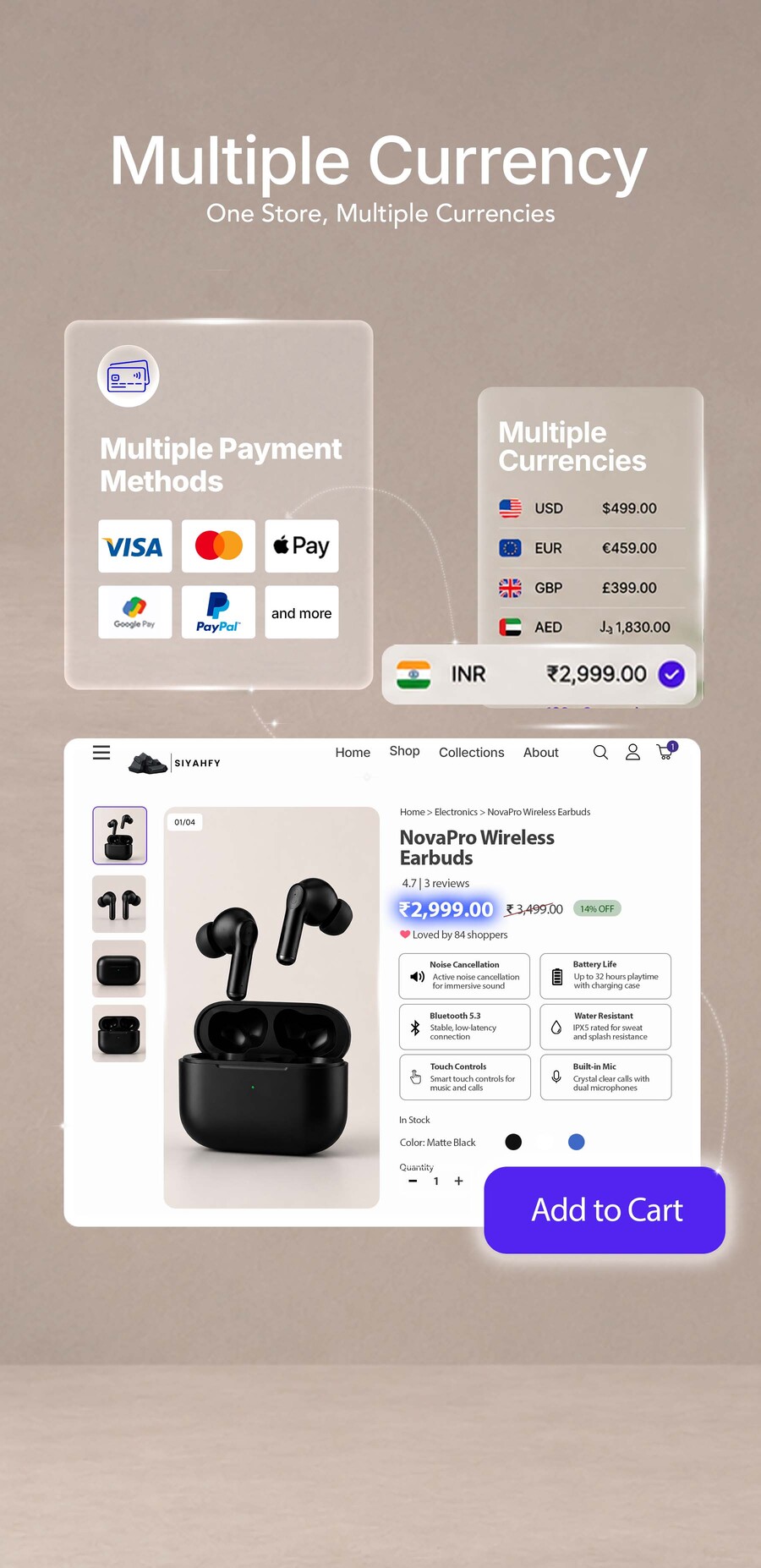Multi-currency checkout letting customers shop and pay in their local currency